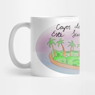 Cayos del Este Sudeste watercolor Island travel, beach, sea and palm trees. Holidays and vacation, summer and relaxation Mug